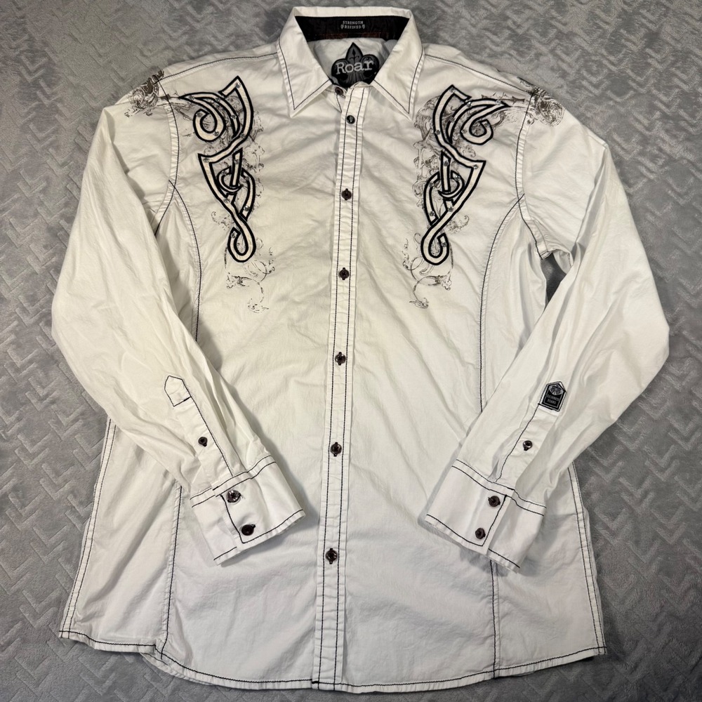 Roar Button Down Shirt Mens Lg White Embroidered Tribal Rhinestone Western Y2K